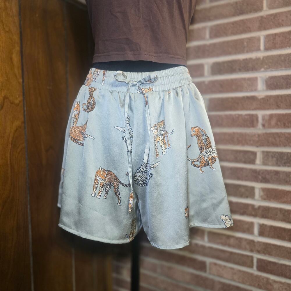 NWT Mable Romane Cheetah Print Satin Shorts Sage Green Small KK Bloom